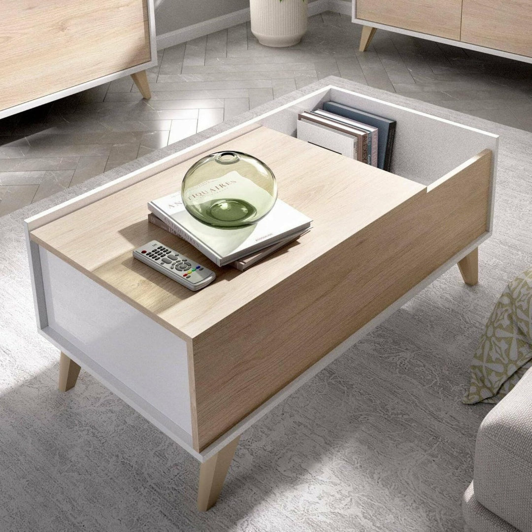 Tavolino da salotto con vano contenitore con ripiani bianco